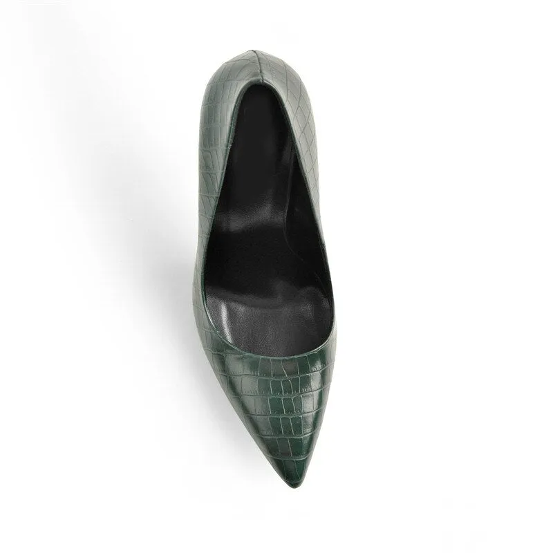 Stone Patent Leather Pointed Toe Slip On Thin Heel Shoes