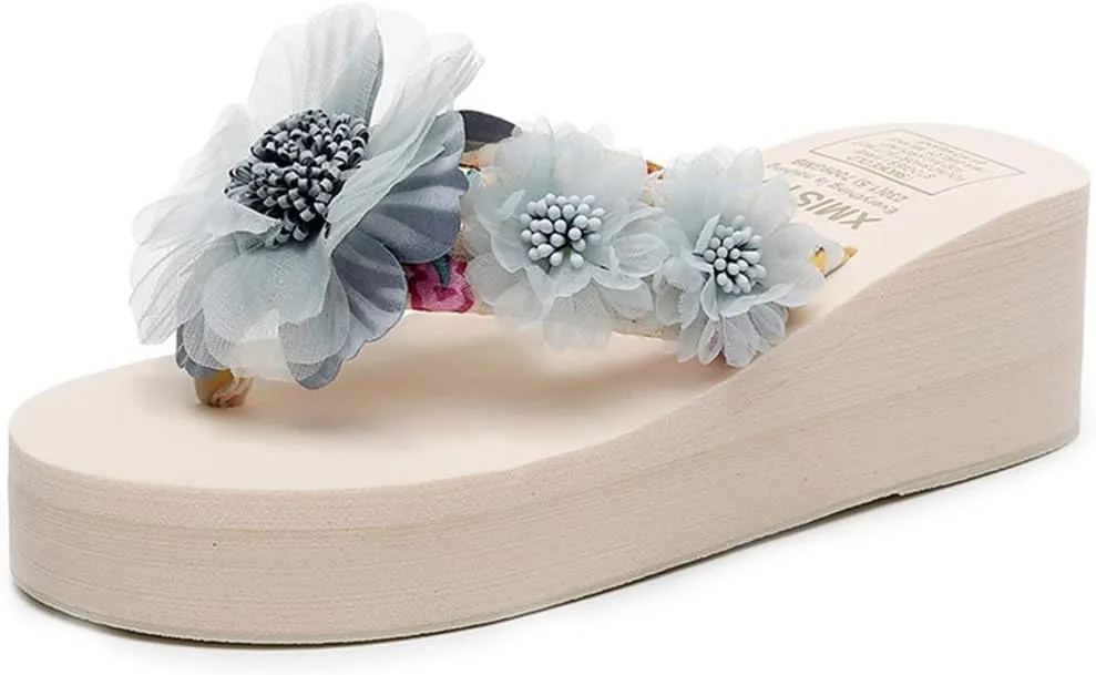 VOKLIN Women's Bohemian Flowers Wedge Flipflop Sandals Summer Nonslip Platform High Heel Beach Thong Sandal