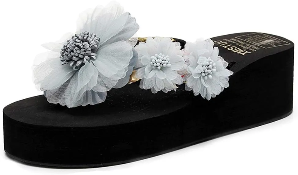 VOKLIN Women's Bohemian Flowers Wedge Flipflop Sandals Summer Nonslip Platform High Heel Beach Thong Sandal