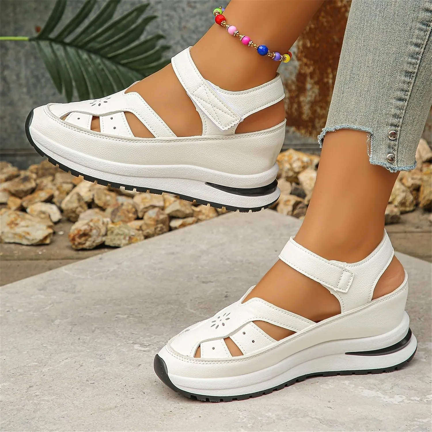 Wedge Platform Orthopedic Sandals for Women Breathable Leather Hollow Out Closed Toe Sport Shoes Walking Sandals