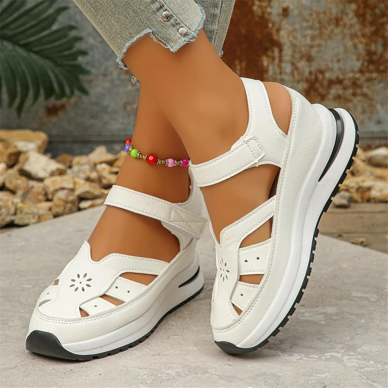 Wedge Platform Orthopedic Sandals for Women Breathable Leather Hollow Out Closed Toe Sport Shoes Walking Sandals