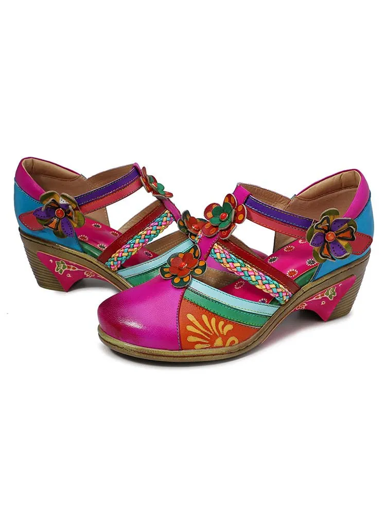 Women Bohemian Leather Printing Stitching Non-slip Breathable Sandals