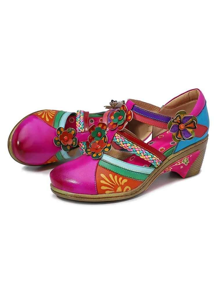 Women Bohemian Leather Printing Stitching Non-slip Breathable Sandals