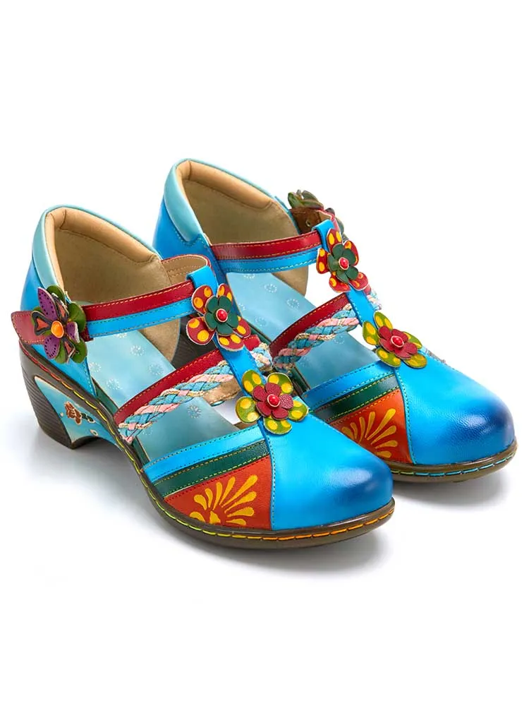 Women Bohemian Leather Printing Stitching Non-slip Breathable Sandals