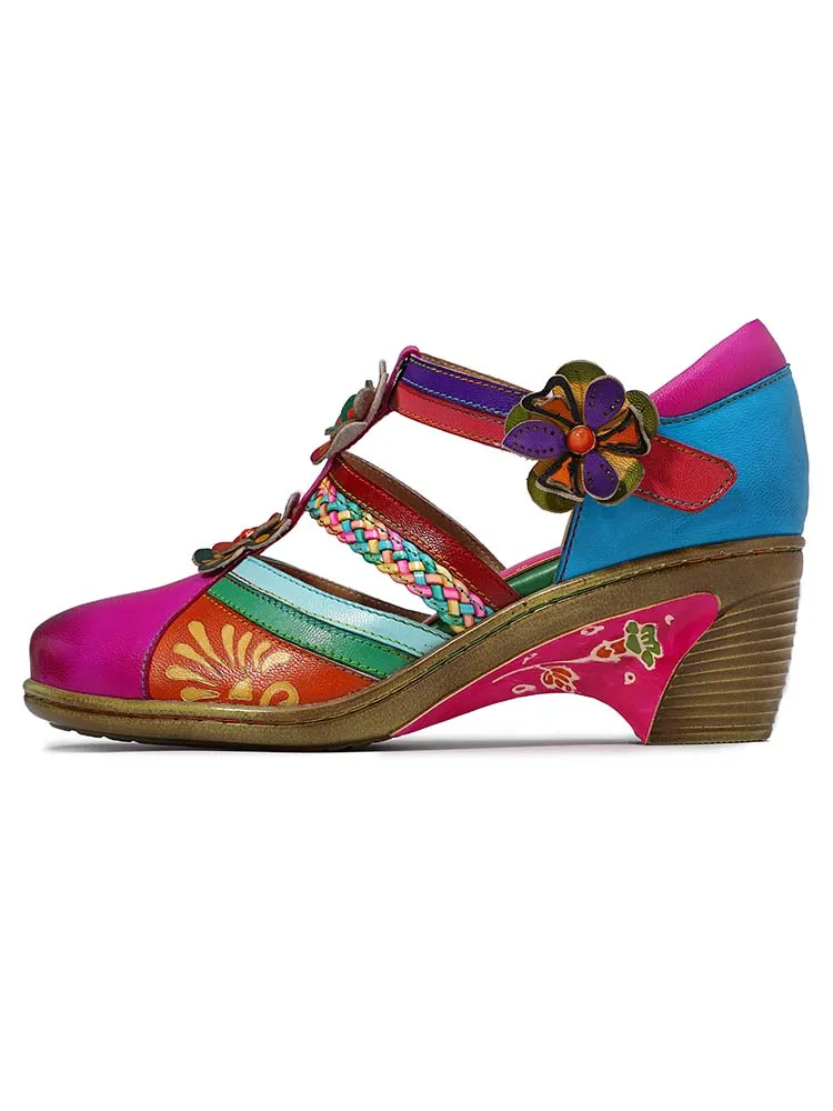 Women Bohemian Leather Printing Stitching Non-slip Breathable Sandals