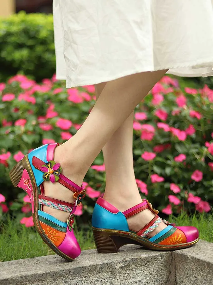 Women Bohemian Leather Printing Stitching Non-slip Breathable Sandals