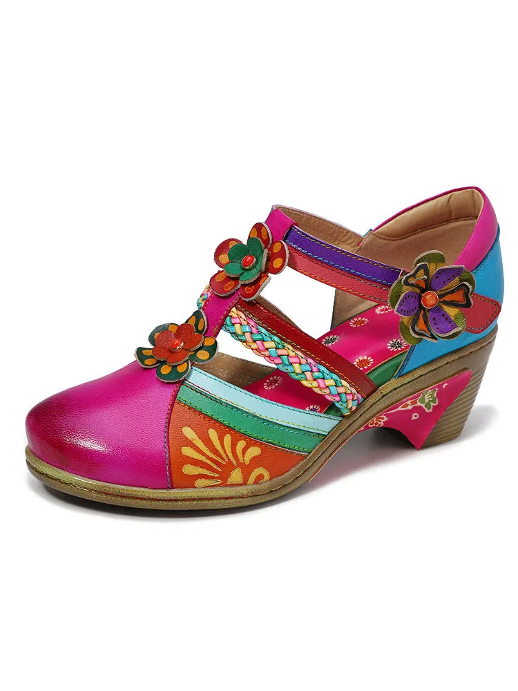 Women Bohemian Leather Printing Stitching Non-slip Breathable Sandals