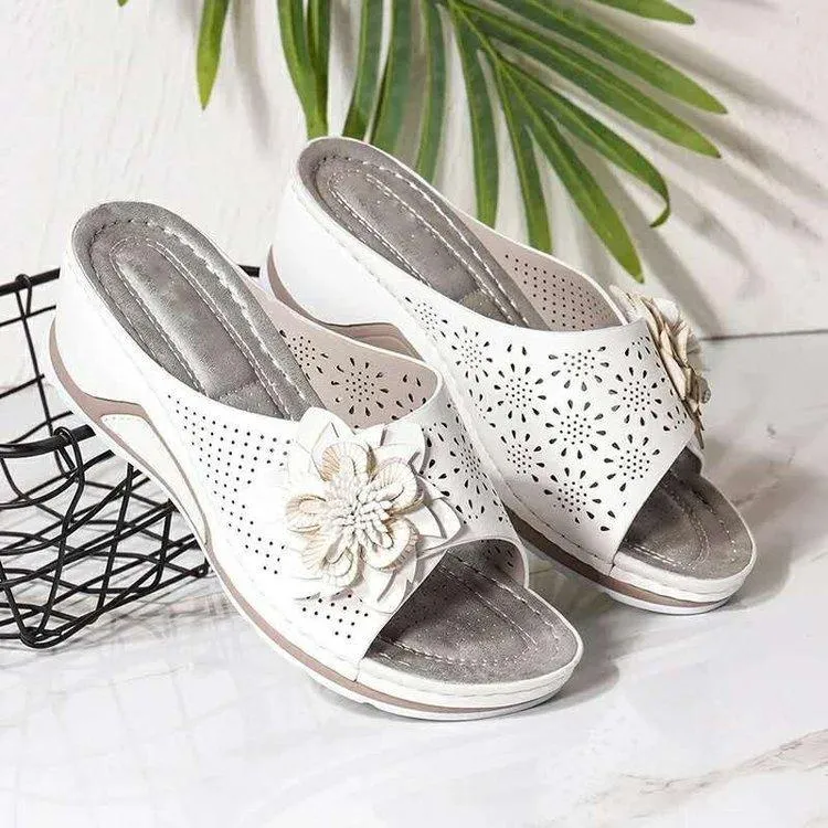 Women peep toe flower hollow summer outdoor slide wedge sandals
