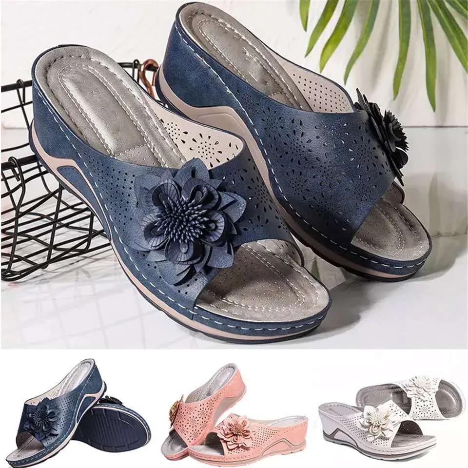 Women peep toe flower hollow summer outdoor slide wedge sandals