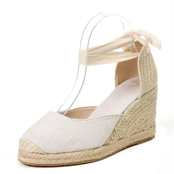 Women round toe lace up espadrille wedge sandals