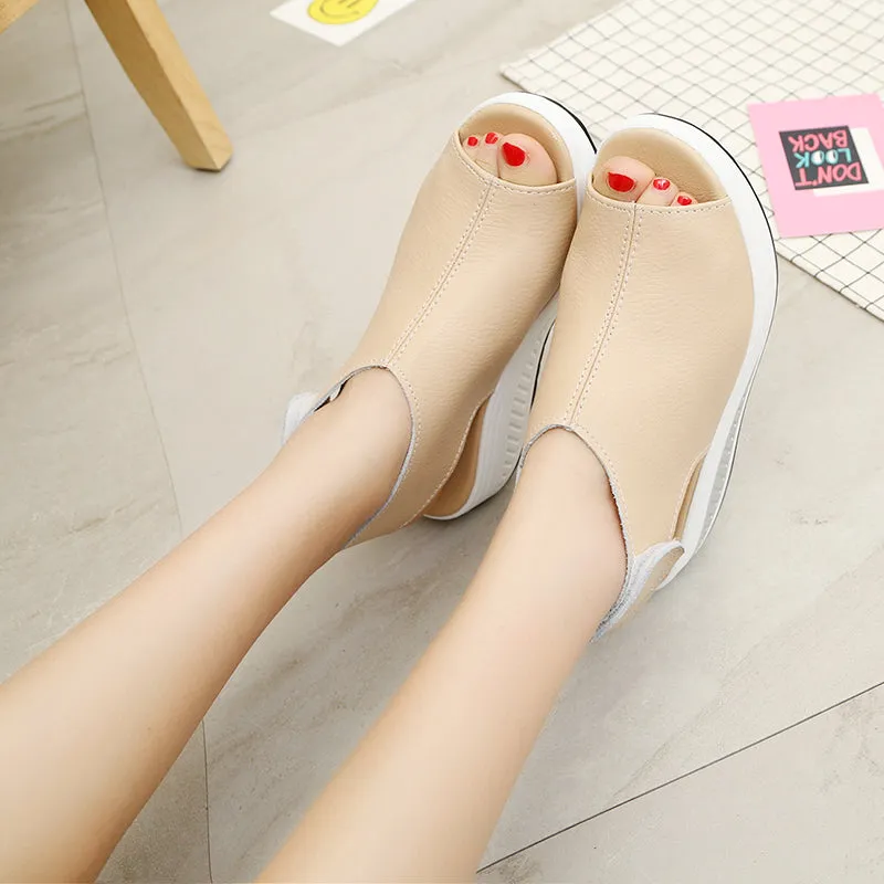Women Sandals Platform Wedges Sandals Leather Swing Peep Toe Casual Shoes Women Walk Shoes