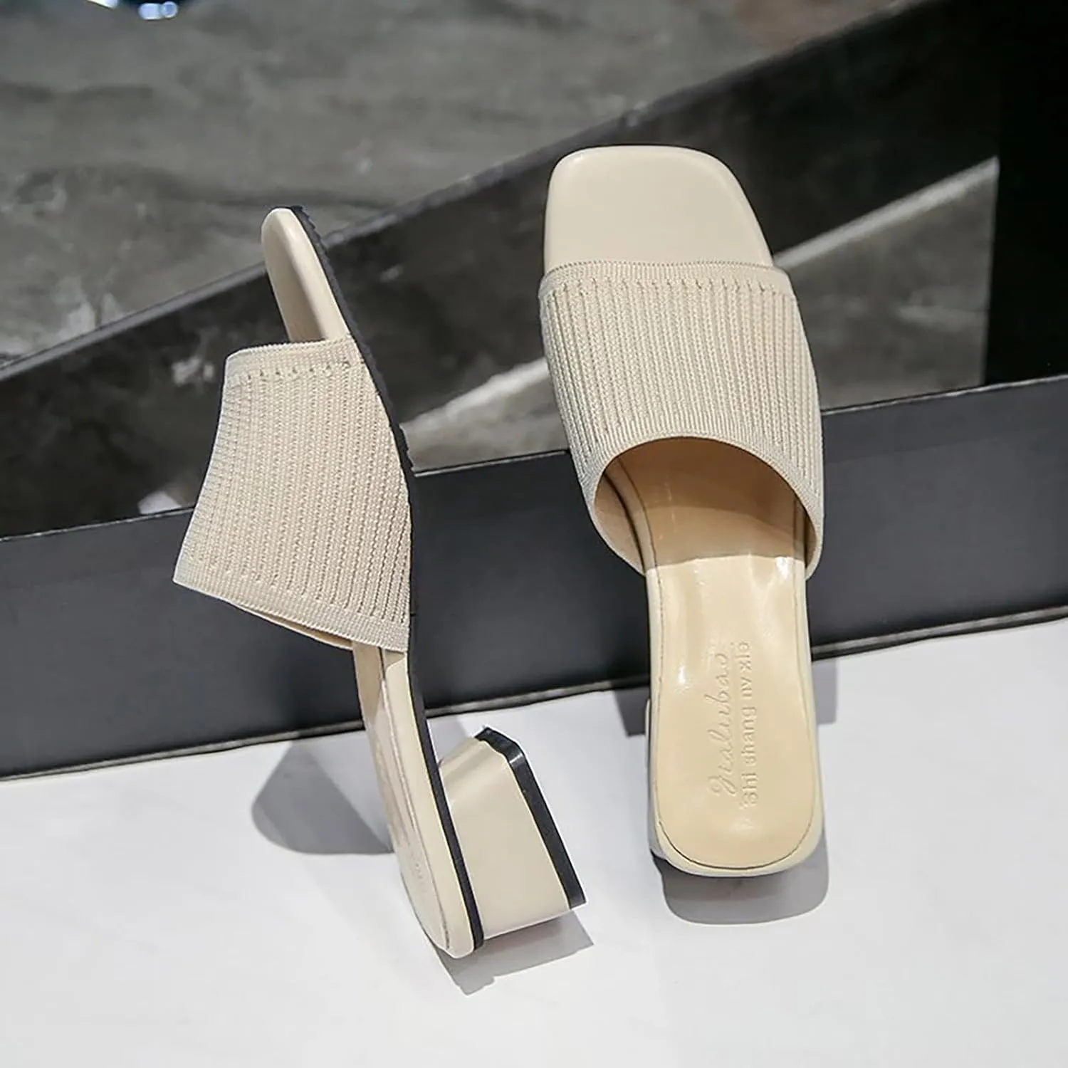 Women's Heeled Sandals Breathable Open Toe Mules Block Slip On Slides Chunky Square Heels Slides Sandal