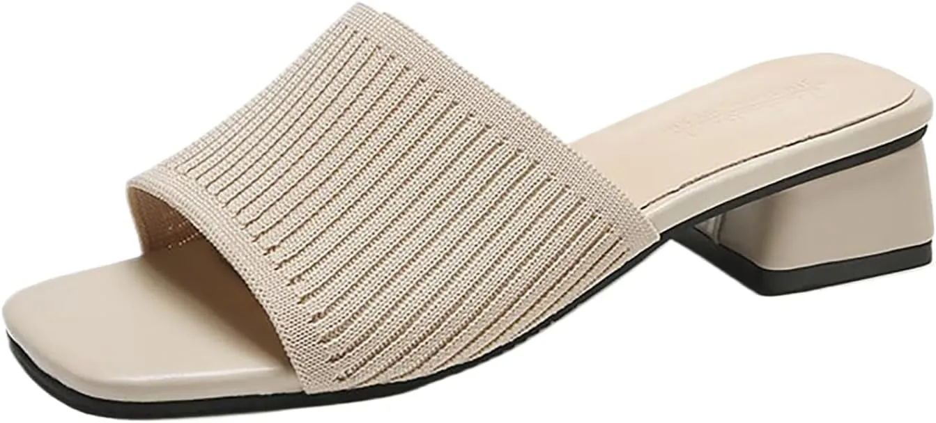 Women's Heeled Sandals Breathable Open Toe Mules Block Slip On Slides Chunky Square Heels Slides Sandal