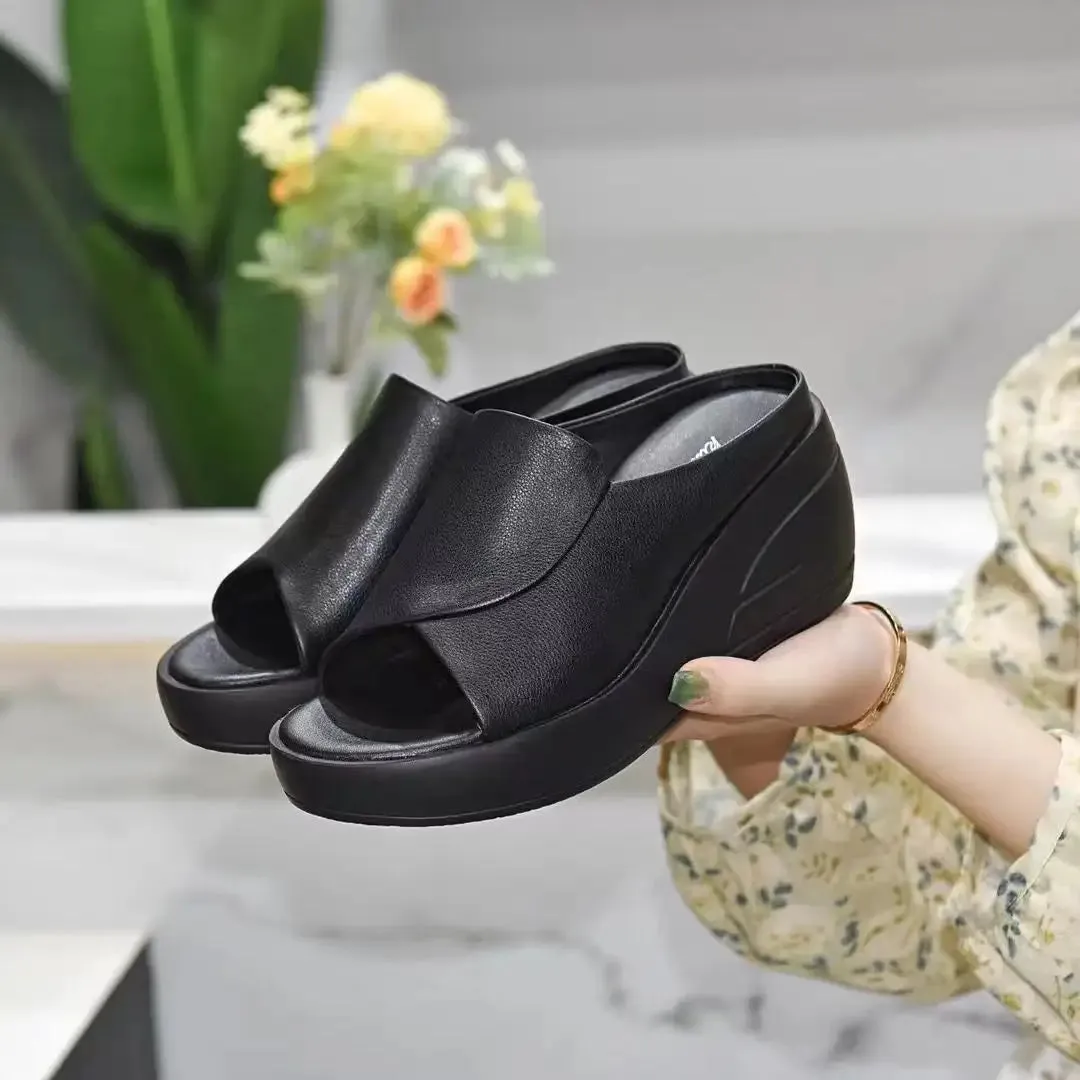 Women's Italian Soft Leather Platform Slippers