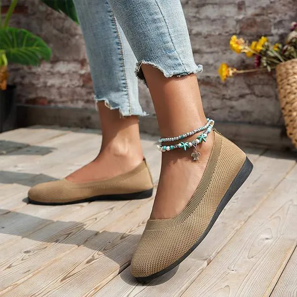 Women's Round-Toe Knit Flats with Low Heel 78866543C