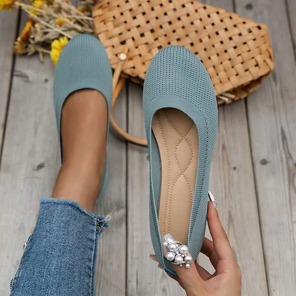 Women's Round-Toe Knit Flats with Low Heel 78866543C