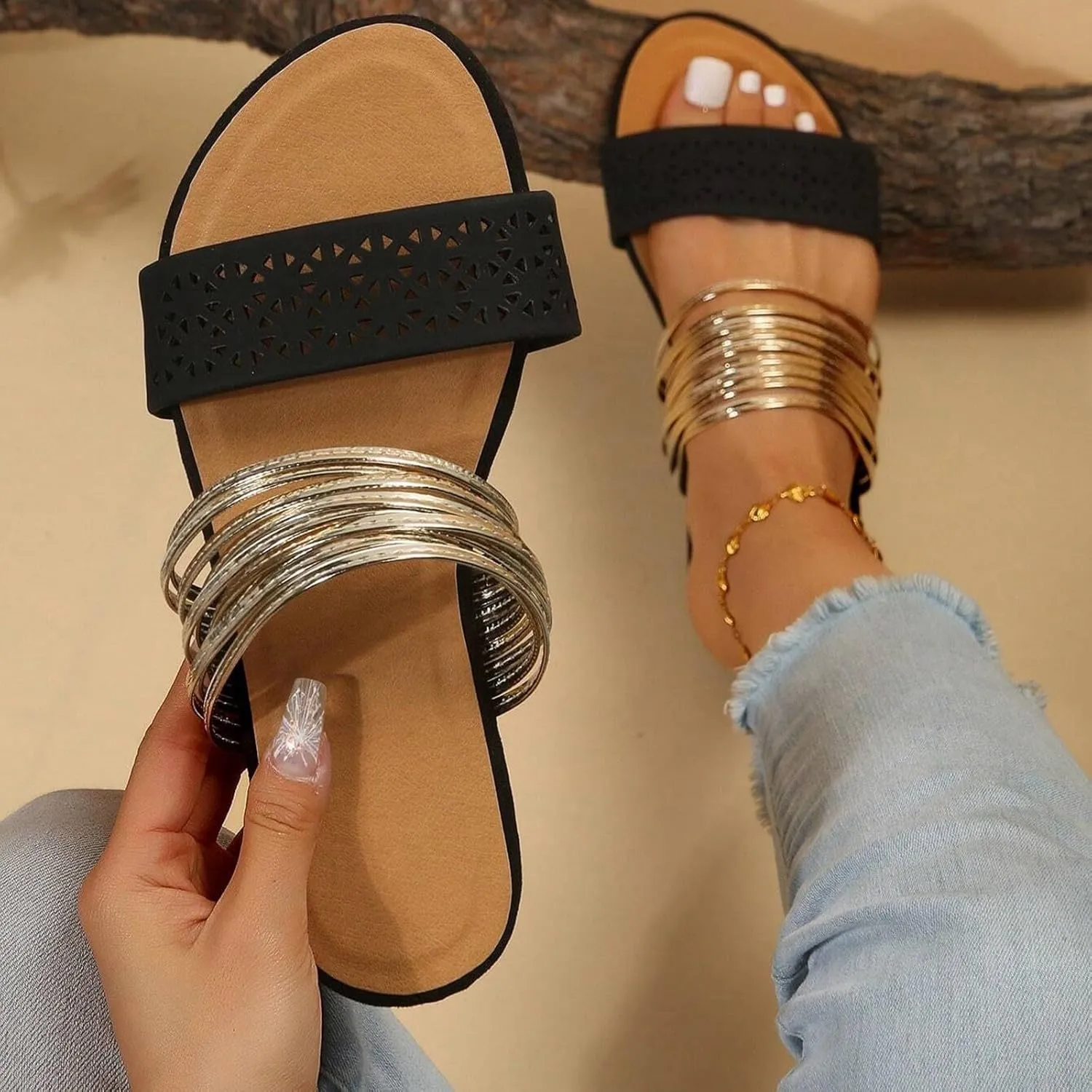 Women's Sandals Comfortable Soft Cushion Slide Sandals Dressy Summer Strappy Beach Slip On Flat Womens Sandals