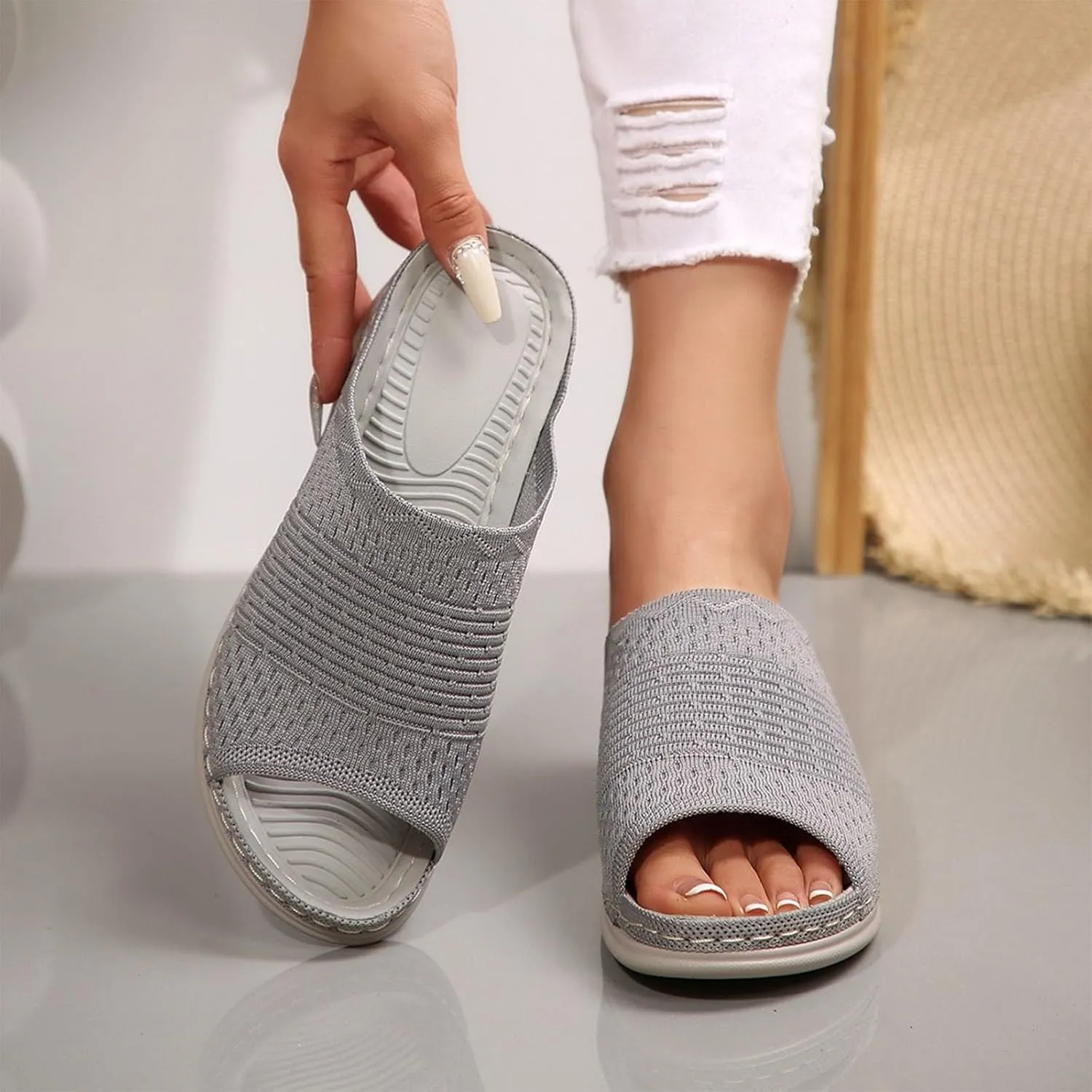Women's Slides Ladies Arch Support Orthotic Hollow Beach Shoes Breathable Sandals Slip On Slippers Open Toe Sandals