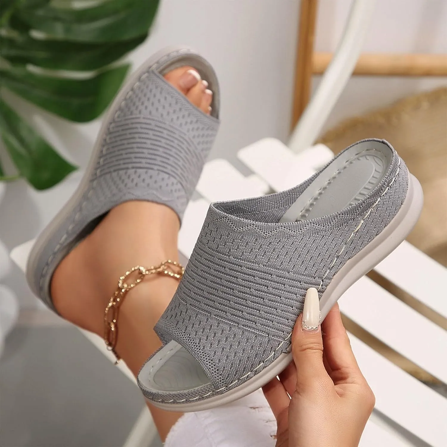 Women's Slides Ladies Arch Support Orthotic Hollow Beach Shoes Breathable Sandals Slip On Slippers Open Toe Sandals