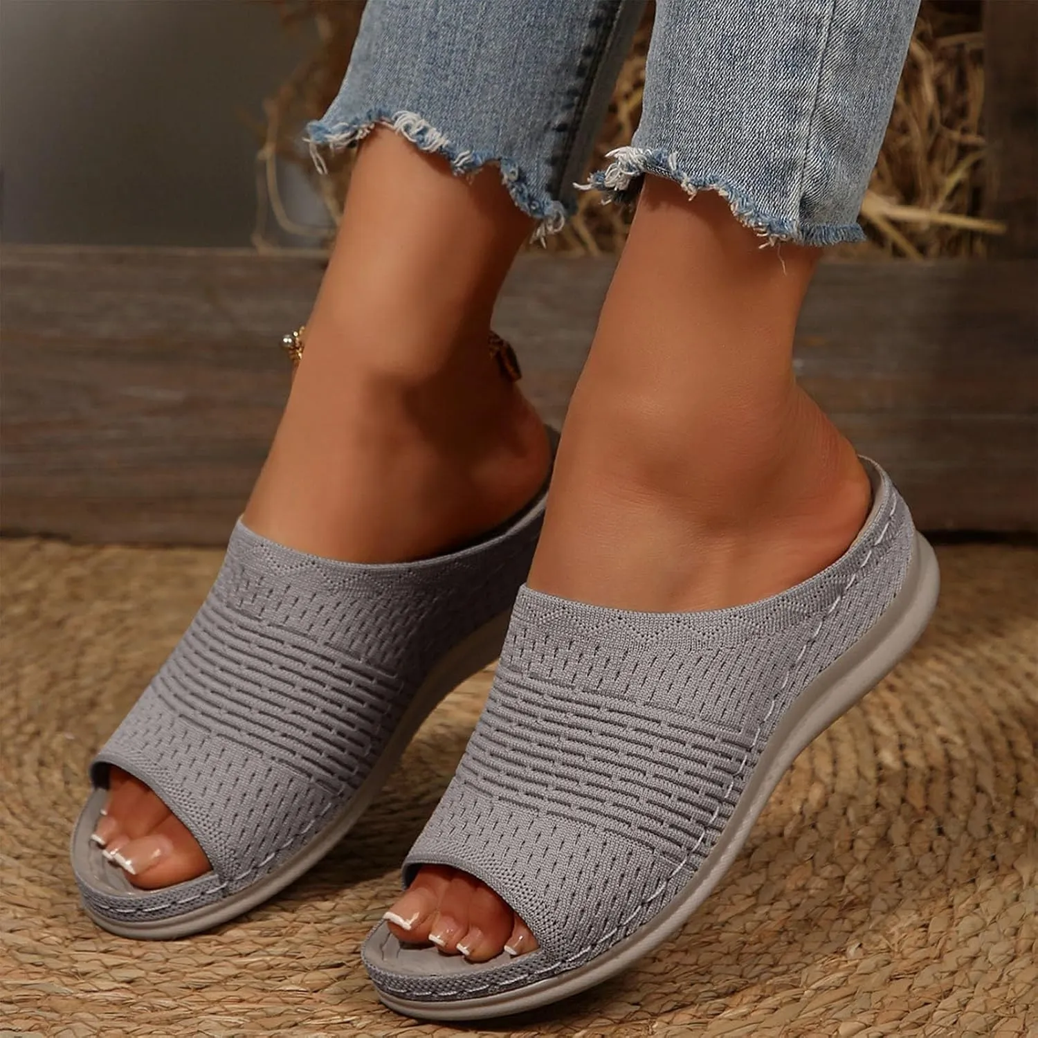 Women's Slides Ladies Arch Support Orthotic Hollow Beach Shoes Breathable Sandals Slip On Slippers Open Toe Sandals