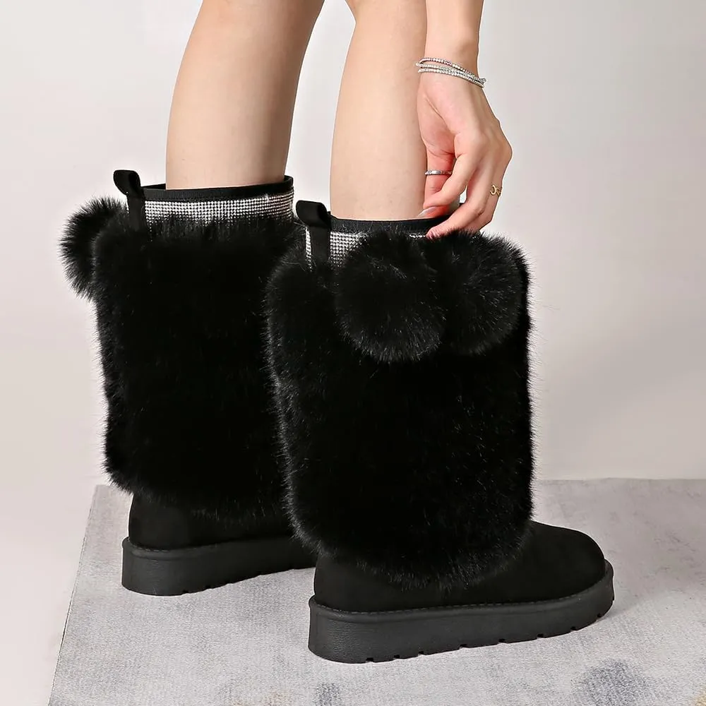 Women’s Snow Boots Mid-Calf Fur Lining Comfortable Winter Boots Flat Outdoor