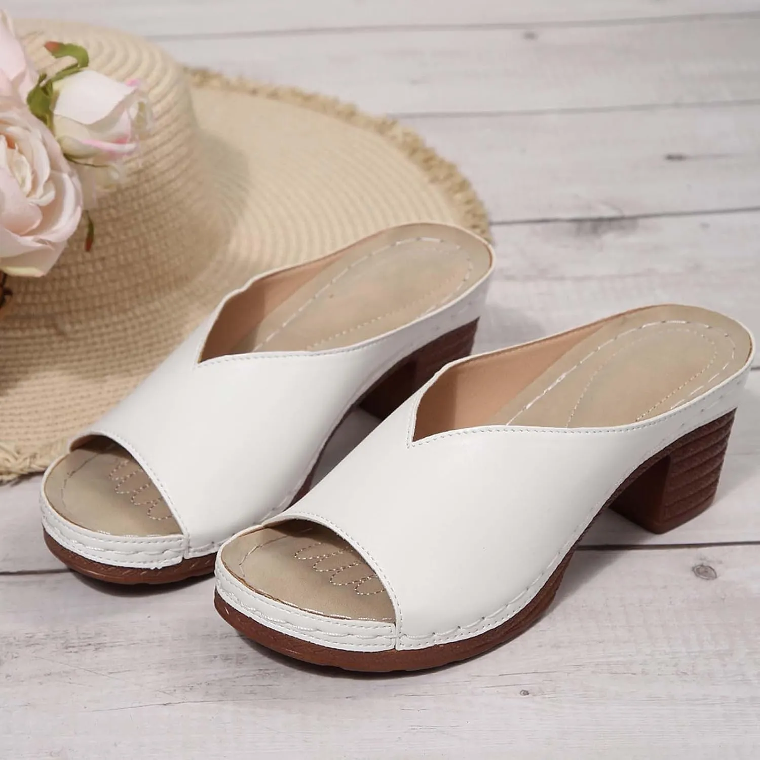Women's Summer Square High Heel Open Toe Slip On Sandals Breathable Comfortable Casual Yoga Walking Shoes