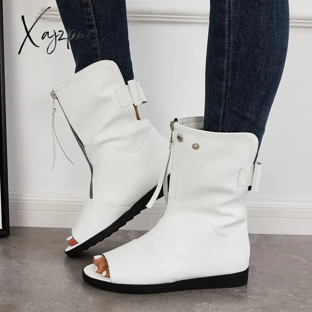 Xajzpa - Women's Open Toe Ankle Boots Fashion Flat Booties Zip Up Boots