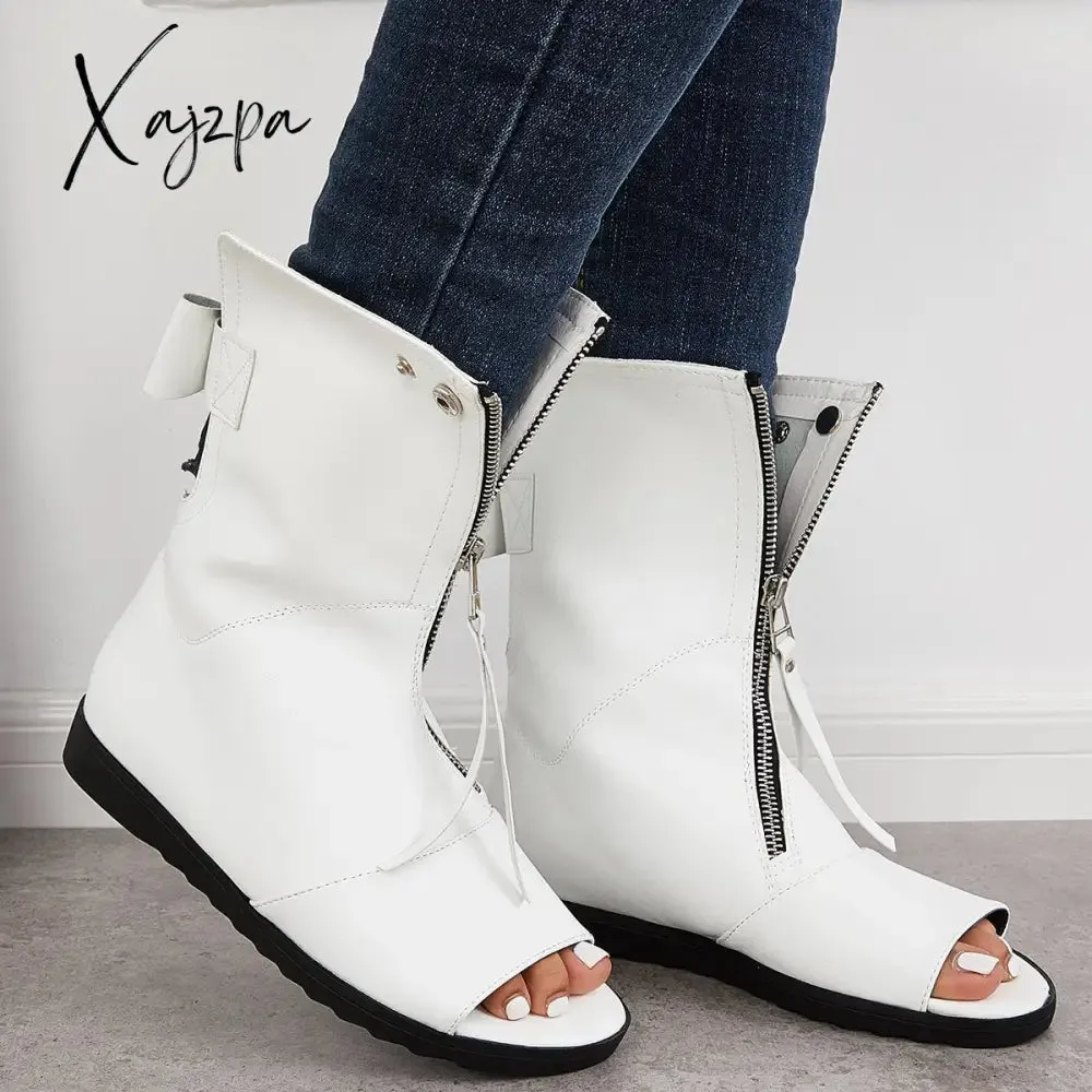 Xajzpa - Women's Open Toe Ankle Boots Fashion Flat Booties Zip Up Boots