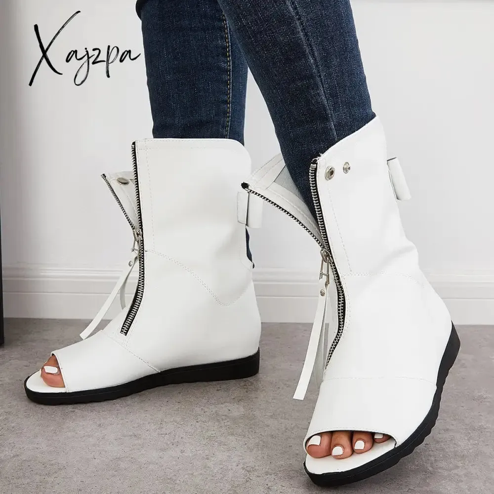 Xajzpa - Women's Open Toe Ankle Boots Fashion Flat Booties Zip Up Boots