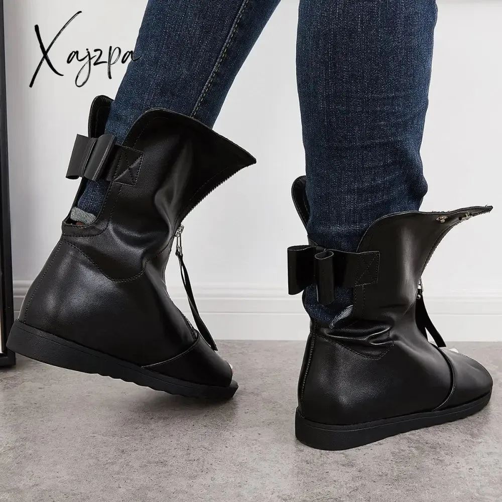 Xajzpa - Women's Open Toe Ankle Boots Fashion Flat Booties Zip Up Boots