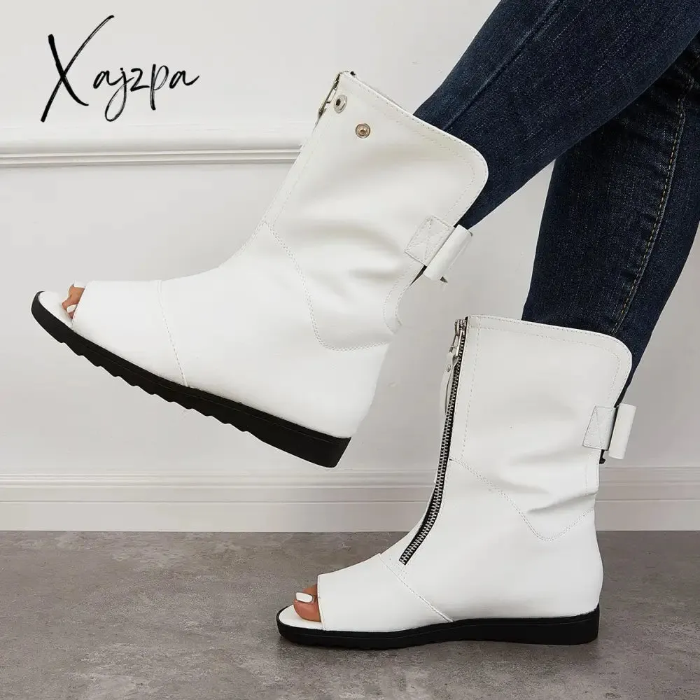 Xajzpa - Women's Open Toe Ankle Boots Fashion Flat Booties Zip Up Boots