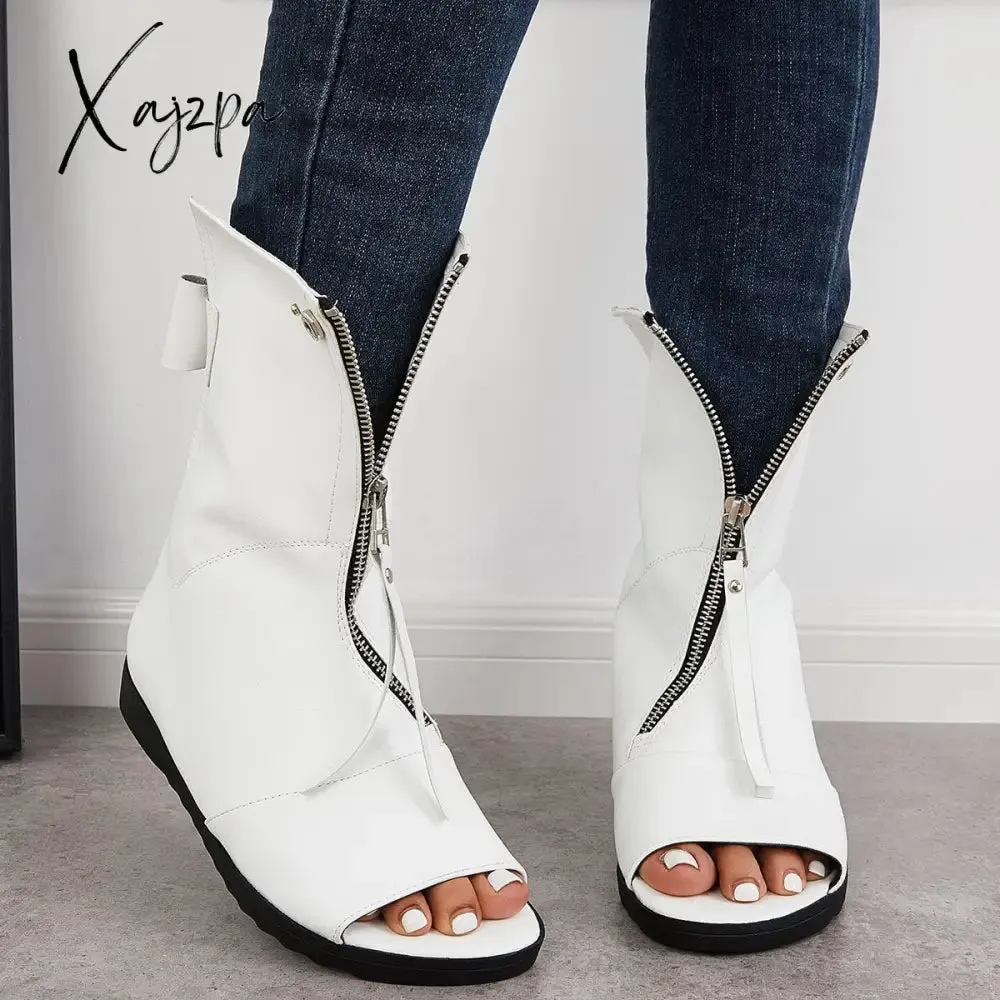 Xajzpa - Women's Open Toe Ankle Boots Fashion Flat Booties Zip Up Boots