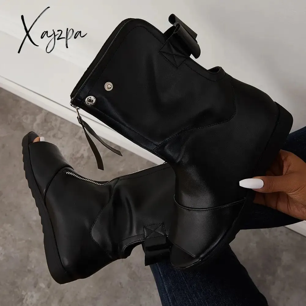 Xajzpa - Women's Open Toe Ankle Boots Fashion Flat Booties Zip Up Boots
