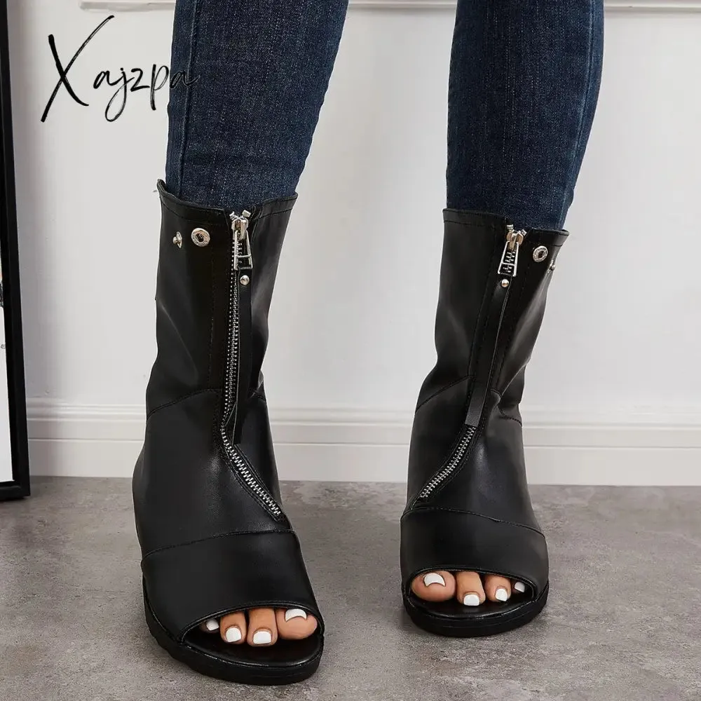 Xajzpa - Women's Open Toe Ankle Boots Fashion Flat Booties Zip Up Boots