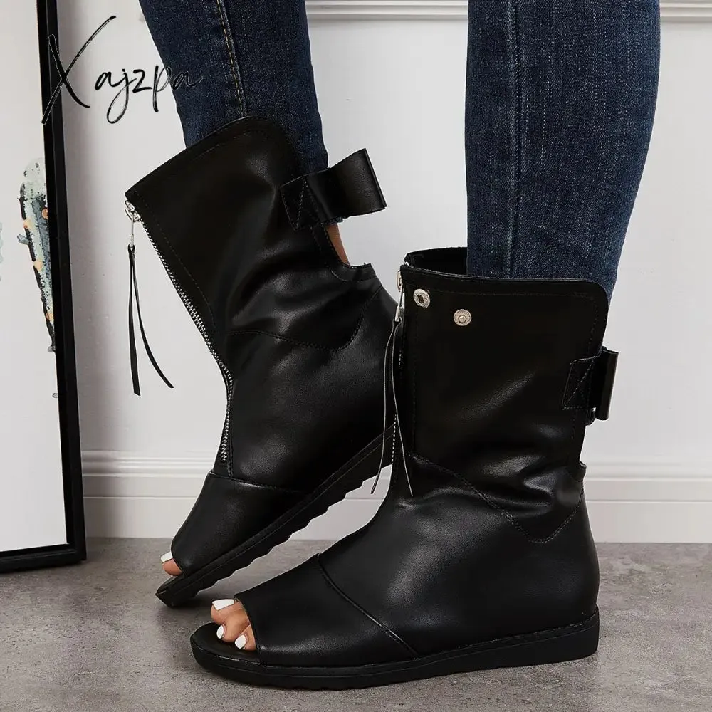 Xajzpa - Women's Open Toe Ankle Boots Fashion Flat Booties Zip Up Boots