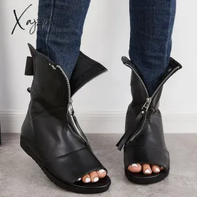 Xajzpa - Women's Open Toe Ankle Boots Fashion Flat Booties Zip Up Boots