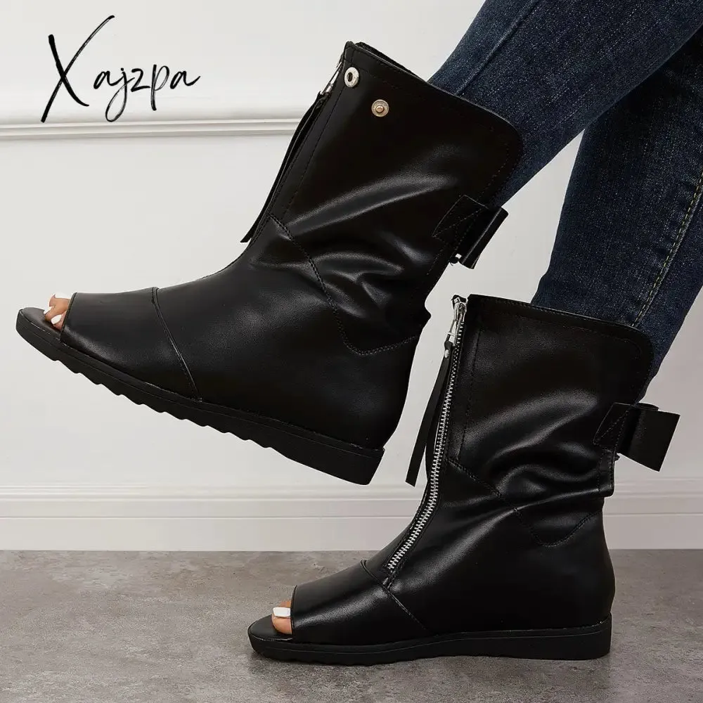 Xajzpa - Women's Open Toe Ankle Boots Fashion Flat Booties Zip Up Boots
