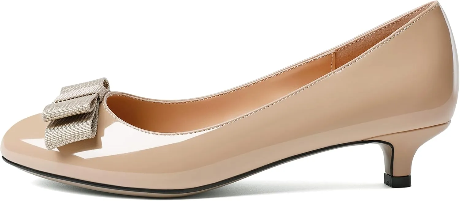 YODEKS Women Kitten Heel Pumps Round Toe Slip On 1.5 Inches Heels Low Heeled Elegant Bow Comfort Shoes for Wedding Office Evening